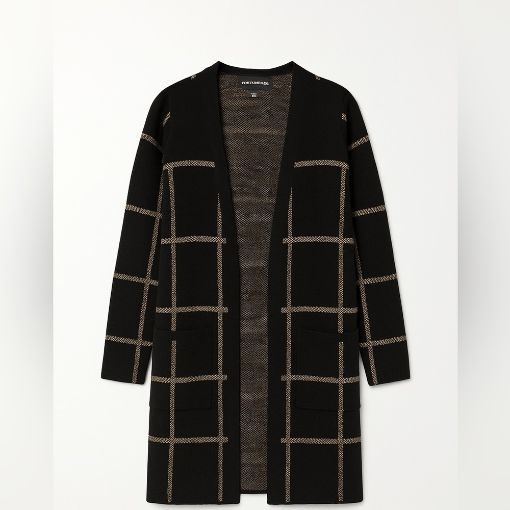 Fortune + Ivy Black Tan Windowpane Open Front Cardigan Sweater XL